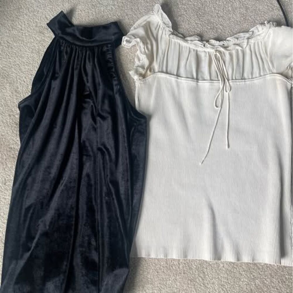 Black Velvet Halter Top Blouse and White Cream Ribbed Y2K Shirt with Bow Ruffles